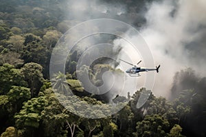 smoke from helicopter's engine fills the jungle as it flies past trees