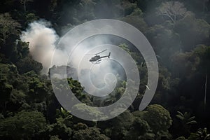 smoke from helicopter's engine fills the jungle as it flies past trees