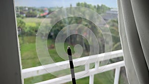 Smoke of insence stick on window sill at hoom. View onbeautiful tropical farmland with palm trees and cows. Countryside