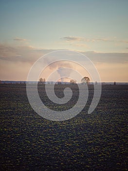 Smoke from a large fire over an agricultural field in the evening. Puffs of smoke in the sunset sky