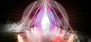 Smoke Laser Show Stage Neon Retro Modern Sci Fi Futuristic Elegant Future Concrete Corridor Triangle Shape Dark Empty Showcase