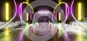 Smoke Neon Lights Futuristic Sci Fi  Purple Green Circle Shaped Glowing Empty Space Grunge Concrete Tunnel Corridor Stage