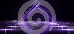 Smoke Neon Triangle Laser Gate Cyber Futuristic Sci Fi Purple Violet Glowing Lights Lines Construction Stage Cocnrete Tunnel