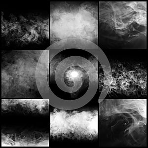 Smoke over black background. Fog or steam abstract texture collage. Set collection.