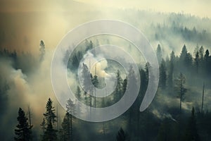 Smoke over the forest, fire in the pine forest, arial view