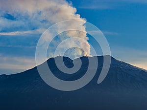 Smoke plume from Mount Etna at Sunset