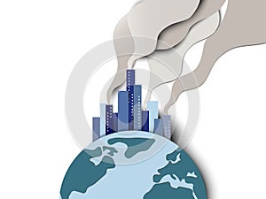 Smoke pollution from city on globe, global warming idea and concept, paper art/paper cutting