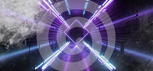 Smoke Rectangle Lines Neon Glowing Blue Purple Vibrant Light Night Dark Reflective Tunnel Hallway Corridor Studio Stage Sci Fi