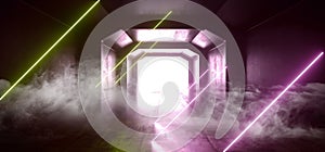 Smoke Retro Modern Futuristic Purple Yellow Sci Fi Vibrant Neon Light Shapes Laser Beams Grunge Concrete Reflective Tunnel
