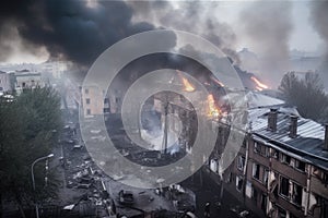 Smoke rise from burning bombed destroyed building photo