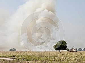 Smoke rises into the sky in rural South Sudan. People burn the land to renew it