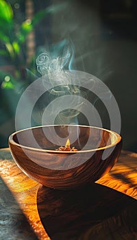 Smoke rises from a smoldering ember in a wooden bowl on a table with a blurred background.