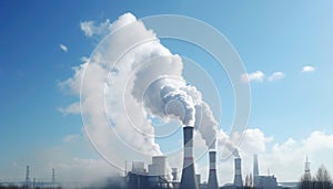 Smoke rising from cooling towers in a industrial area, power station