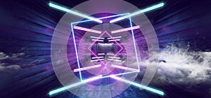 Smoke Sci Fi Futuristic Arrow Shaped Neon Lights Glowing Vibrant Blue Purple Corridor Grunge Concrete Dark Reflective Virtual