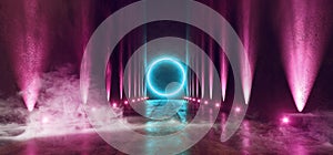 Smoke Sci Fi Futuristic Circle Background Orange Blue Neon Light Big Huge Dark Empty Grunge Concrete Long Hall Gallery Room Tunnel