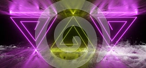 Smoke Sci Fi Futuristic Neon Lights Triangle Shaped Vibrant  Green Purple Glowing On Grunge Concrete Floor Ceiling Underground
