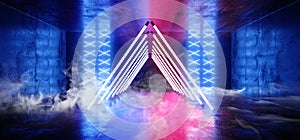 Smoke Sci Fi Futuristic Triangle Neon Led Laser Glowing Modern Elegant Empty Dark Vibrant Purple Blue Glowing Stage Podium Lights