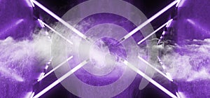Smoke Sci Fi Neon Glowing Abstract Triangle Retro Vibrant Purple Ultraviolet Blue Tube Lights On Grunge Reflective Concrete Club