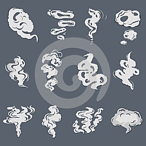 Smoke set effects, cartoon steam clouds, puff and mist, fog watery vapour and dust explosion