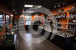 smoke shop, with a variety of vaporizers, pipes, and bongs on display