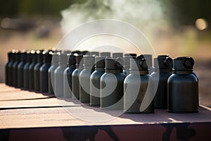 smoke signal canisters arranged in a row