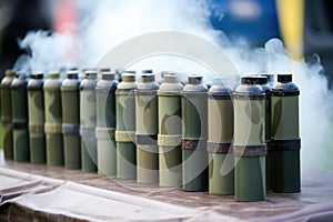 smoke signal canisters arranged in a row