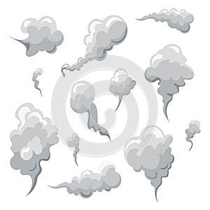 Smoke smell clouds in cartoon. White fog isolated clipart.Puff of wind, steam, smog, dust. Vector illustration