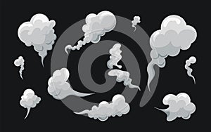 Smoke smell clouds in cartoon. White fog isolated clipart.Puff of wind, steam, smog, dust. Vector illustration