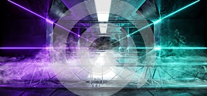 Smoke Smoke Alien Sci Fi Neon Led Laser Blue Purple Glowing Dark Light Lines In Futuristic Modern Construction Stage Tunnel Grunge