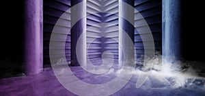 Smoke Smoke Neon Fluorescent Purple Blue Futuristic Column Garage Showroom Tunnel Corridor Concrete Metal Grunge Reflective Empty