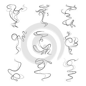 Smoke spiral lines, smoking smell, odor vector set photo