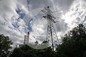 Smoke stack and electricity pylon