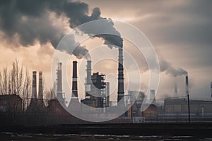 smoke stacks from industrial plant, with haze of air pollution visible in the atmosphere