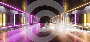 Smoke Stage Club Neon Lights Futuristic Sci Fi Purple Orange Column Shaped Glowing Vibrant Empty Space Grunge Concrete Tunnel