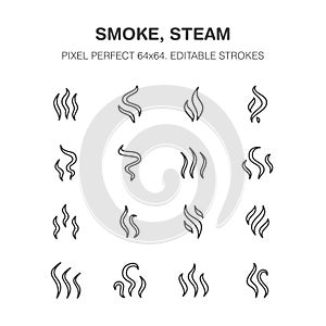 Smoke, steam flat line icons. Fumes shapes, aroma smell, heat illustrations. Evaporation signs. Pixel perfect 64x64