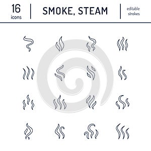 Smoke, steam flat line icons. Fumes shapes, aroma smell heat illustrations. Evaporation vector signs