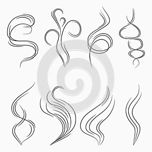 Smoke and steam stream lines. Smell and aroma abstract sign. Cigarette smoke or vapor flow. Vector.