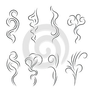 Smoke Steam Vapor Signs Black Thin Line Icon Set. Vector
