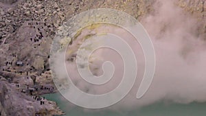 The smoke of sulfur mining mountain volcano crater with acidic of Kawah Ijen lake in East Java Indonesia