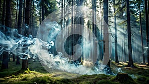 Smoke Trails in a Dark Forest: An Atmospheric Overlay for Nature Projects  AI Generated photo