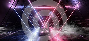 Smoke Triangle Shaped Neon Glowing Laser Purple Blue Futuristic Sci Fi Modern Retro Alien Spaceship Mothership Studio Corridor