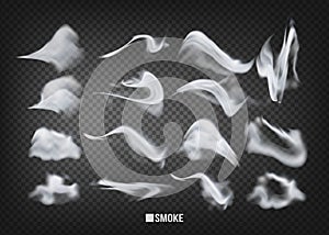 Smoke vector collection, isolated on transparent background. Set of realistic white smoke steam, waves from coffee,tea