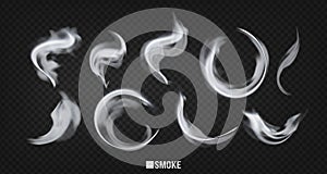 Smoke vector collection, isolated on transparent background. Set of realistic white smoke steam, waves from coffee,tea