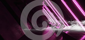 Smoke Virtual Reality Futuristic Modern Elegant Neon Glowing Sci Fi Laser Beam Stage Purple Triangle Shaped Tunnel Underground