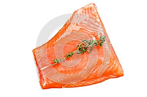 Smoked Atlantic salmon fillet. Organic fish. Isolated on white background. Top view.