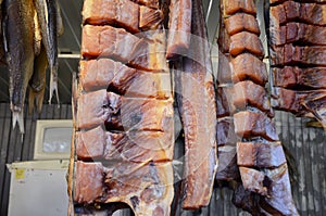 Smoked catfish at fish shop in Samara