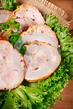 Smoked chicken roulade with salad