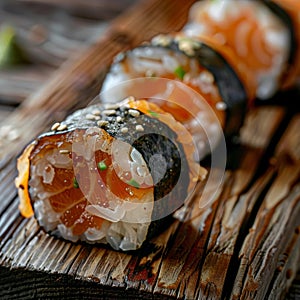 Smoked Eel Sushi Roll, Nori Maki, Norimaki or Futomaki with Unagi with Salmon, Pickled Daikon