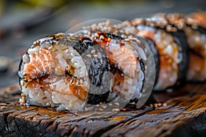 Smoked Eel Sushi Roll, Nori Maki, Norimaki or Futomaki with Unagi with Salmon, Pickled Daikon