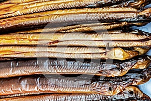 Smoked eels freshly prepared and ready to eat.